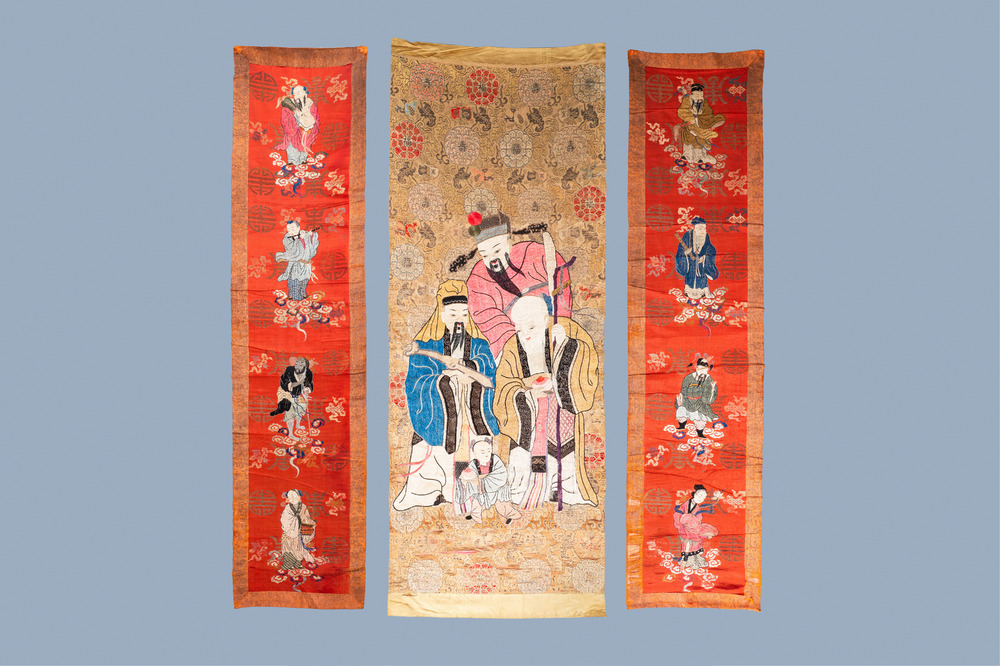 Three Chinese silk embroidered 'Star gods and immortals' panels, 19th C.